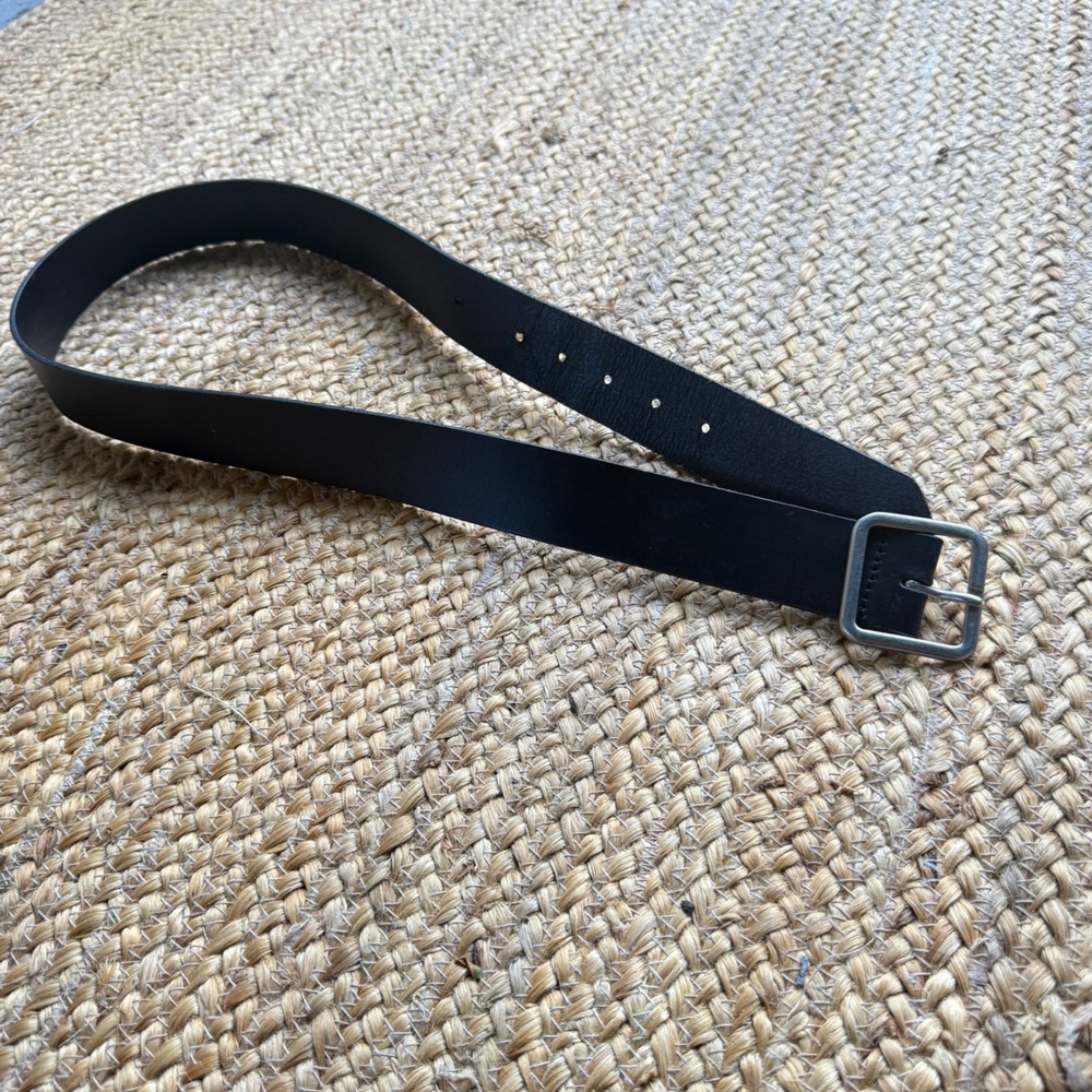 Mens Black Genuine Leather Belt Silver Square Buckle Size M 30-35 Inch Waist